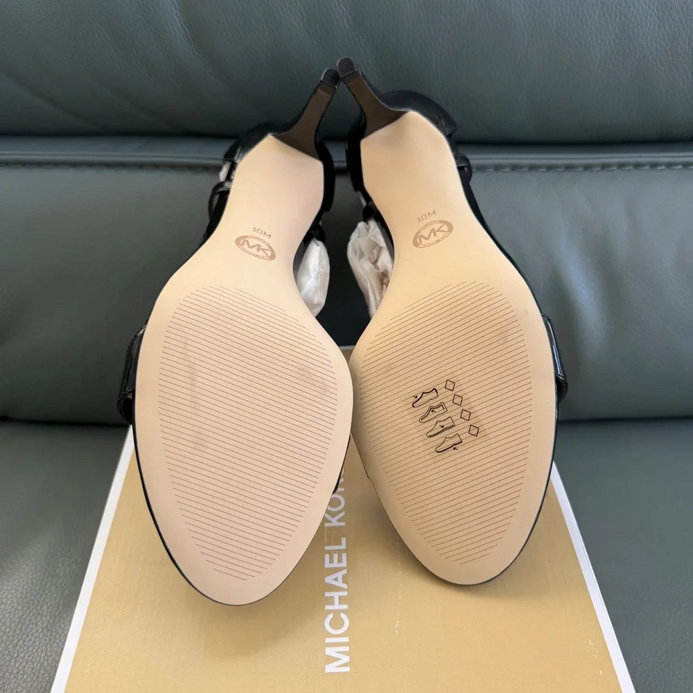 Michael Kors Simone Mid Sandal Black Patent Leather Stiletto Heels 10M